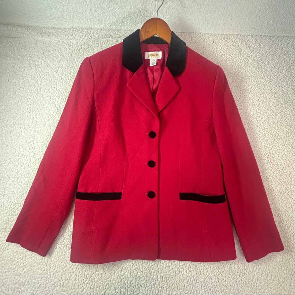 VTG Talbots Petites Wool Blazer 6P Red w/ Black Velvet Collar & Trim Made in USA